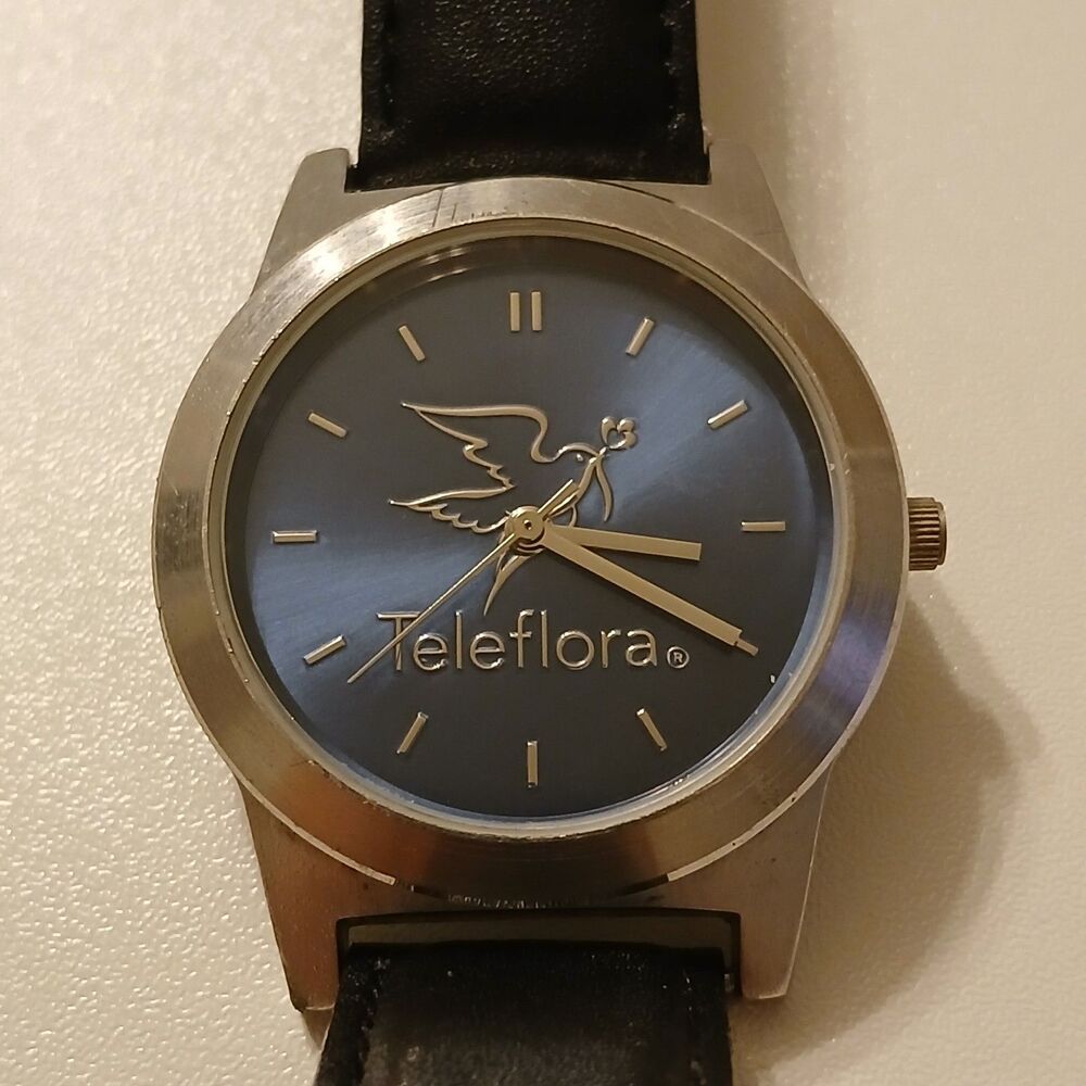 Vtg Teleflora Sweda Women's Blue Dial Black Leather Band Japan Quartz Watch WR